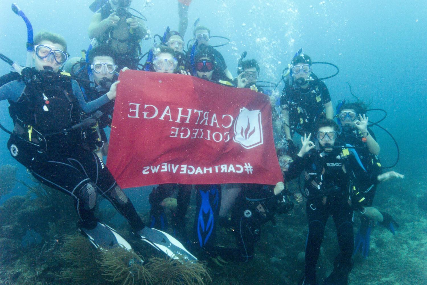 学生们手持<a href='http://j4ke.4dian8.com'>bv伟德ios下载</a>旗帜，在j学期洪都拉斯游学之旅中潜水.